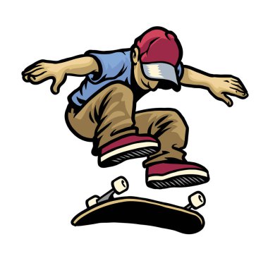kaykay oynayan kafatası karakteri kickflip yapıyor