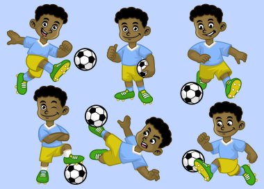 cartoon black kid soccer player set