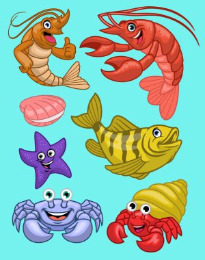 Çizgi film tarzında bir deniz hayvanı seti.