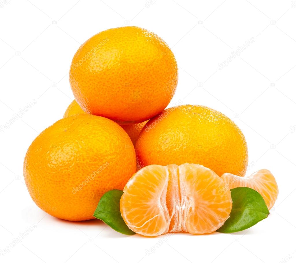 pile of tangerine and one peeled with leaves isolated