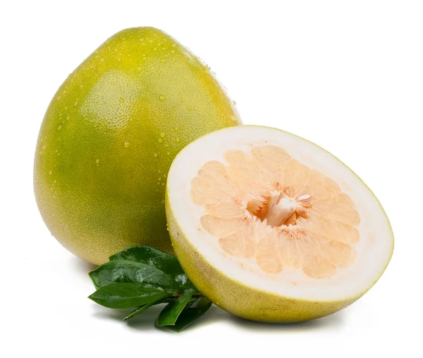 Pomelo and slice with leaves isolated — Stock Photo, Image