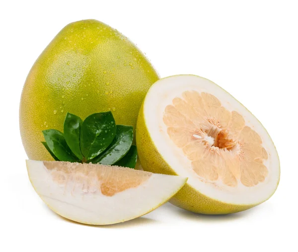 Pomelo and slice with leaves isolated — Stock Photo, Image