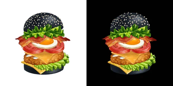 Black Bun burger pojedyncze strony rysowane ilustracja — Zdjęcie stockowe