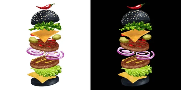 Zwarte Burger illustratie met vliegende ingrediënten — Stockfoto