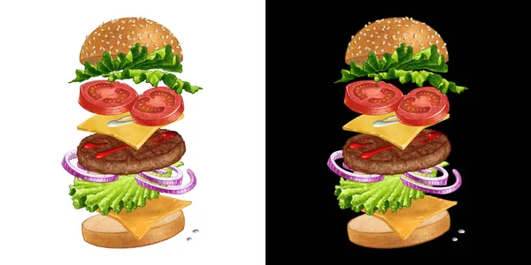 Ilustración clásica de hamburguesa con ingrediente volador — Foto de Stock