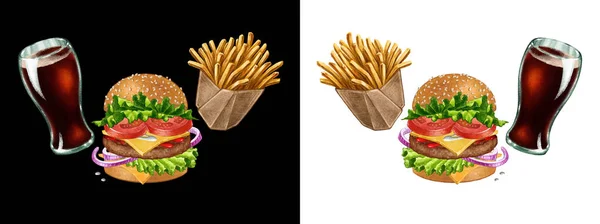 패스트푸드 콤 보 버거 콜라와 감자칩 삽화 — 스톡 사진