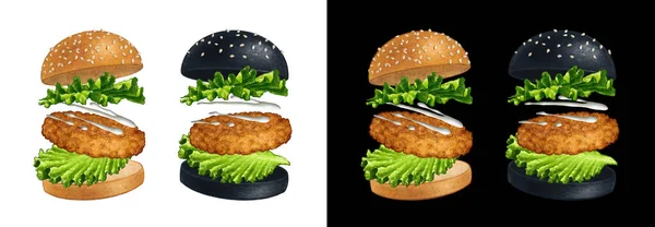 Lezzetli hamburgerler, izole edilmiş çizimler. — Stok fotoğraf