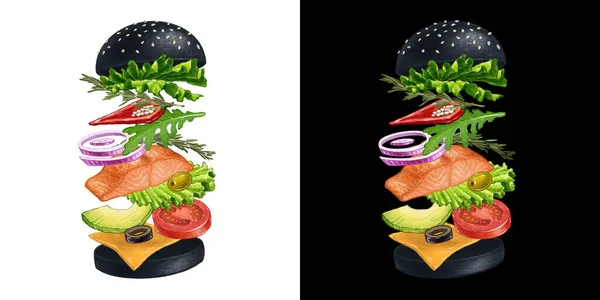 Burger Negro ilustración con ingredientes voladores —  Fotos de Stock