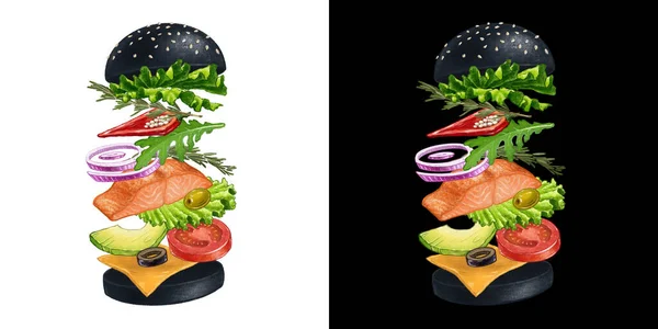 Black Burger Illustration mit fliegenden Zutaten — Stockfoto