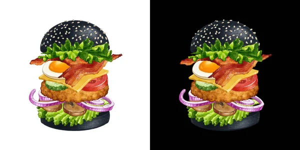 Bollo negro hamburguesa grande aislado ilustración — Foto de Stock