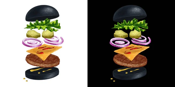 Hamburguesa negra voladora ilustración aislada — Foto de Stock