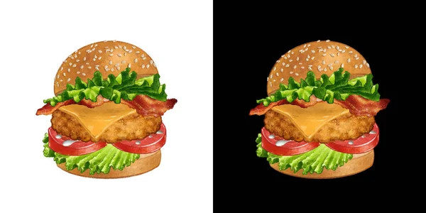 Hamburguesa de pollo ilustración dibujada a mano aislada — Foto de Stock
