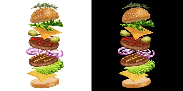 Ilustração hambúrguer clássico com ingrediente voador — Fotografia de Stock
