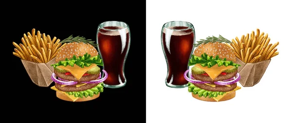 Comida rápida combo hamburguesa cola y patatas fritas ilustración — Foto de Stock