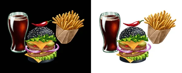 Conjunto combinado de comida rápida. Hamburguesa, papas fritas y bebida — Foto de Stock