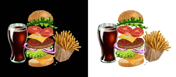 Fast food combo hambúrguer cola e batatas fritas ilustração — Fotografia de Stock