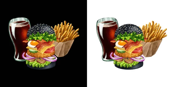 Kombinacja z burgerem, colą i frytkami ilustracja — Zdjęcie stockowe