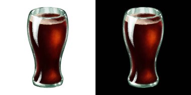 İçecek İçecek Kola, Soda ya da Bardakta Kara Bira. Elle çizilmiş soğuk içecek dolu bardak beyaz ve siyah üzerine izole edilmiş suluboya çizimi