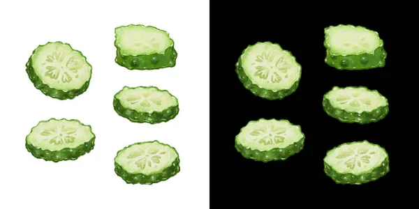 黄瓜片原始的 新鲜的和绿色的手绘水彩画分离的白色和黑色背景 有机和健康的素食菜单设计元素 — 图库照片