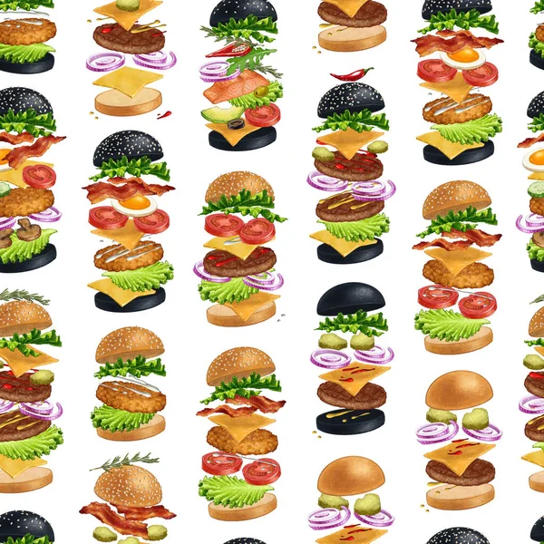 Delicious Burgers seamless pattern for menu design. Illustration of fast food hamburgers on white background