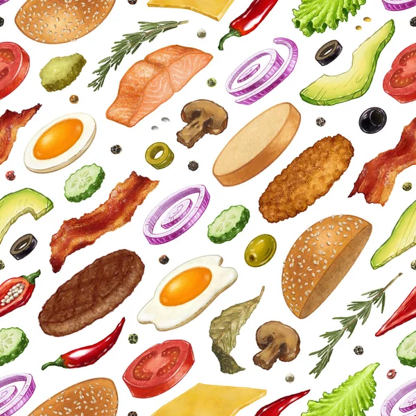 Burger Ingredience Bezešvé Vzor Ručně Kreslené Barevné Ilustrace Lahodné Prvky — Stock fotografie