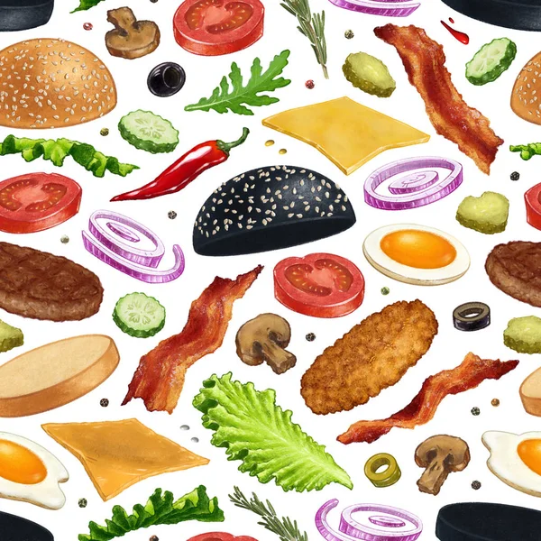 Ingredientes Hamburguesa Patrón Sin Costura Ilustración Colorida Dibujada Mano Deliciosos —  Fotos de Stock