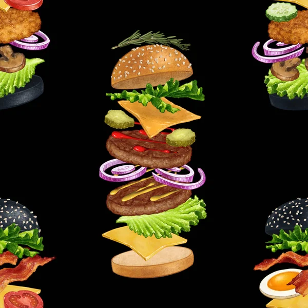 Delicious Flying American Burgers Seamless Pattern Design Hand Drawn Colorful — Stock Photo, Image