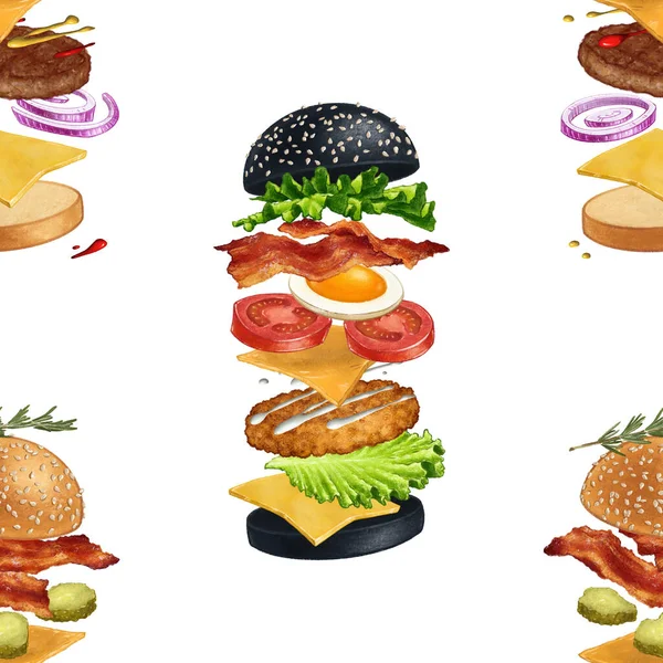 Delicious Flying Hamburgers Seamless Pattern Design Hand Drawn Colorful Illustration — Stock Photo, Image