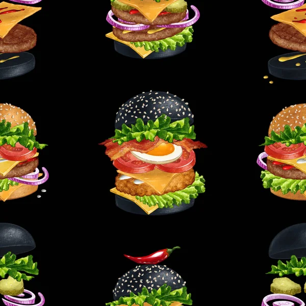 American Burgers Naadloos Patroon Ontwerp Met Hand Getekend Illustratie Van — Stockfoto