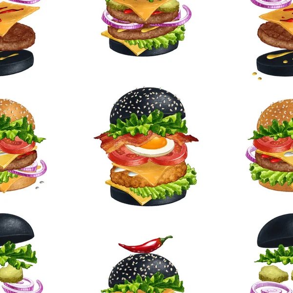 Amerikanische Burger Nahtlose Mustergestaltung Handgezeichnete Illustration Großer Hamburger Oder Fast — Stockfoto