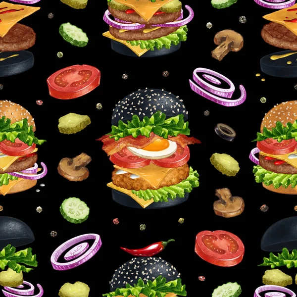 Modello Senza Cuciture Con Hamburger Ingredienti Isolati Sfondo Nero Illustrazione — Foto Stock