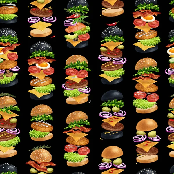 メニューデザインのためのおいしいバーガーシームレスパターン 黒を基調としたファーストフードハンバーガーのイラスト — ストック写真