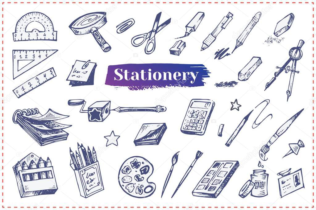 Stationery and school accessories hand drawn vector icons. Doodle illustrations of office supplies and tools