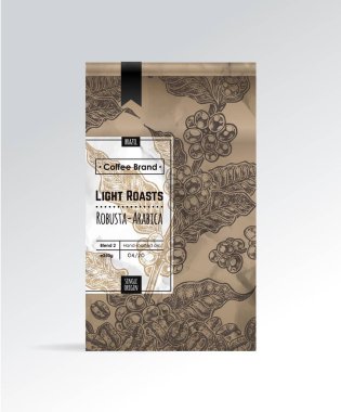 Kahve paketi tasarımı, etiketli ve kahve dalları ve fasulyelerin el çizimi. Paketleme tasarımının vektör şablonu