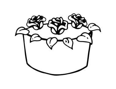 Doğum günü pastası çizilmiş karalama ikonu. Beyaz arka planda izole edilmiş tatlı bir tatlının çizimi.