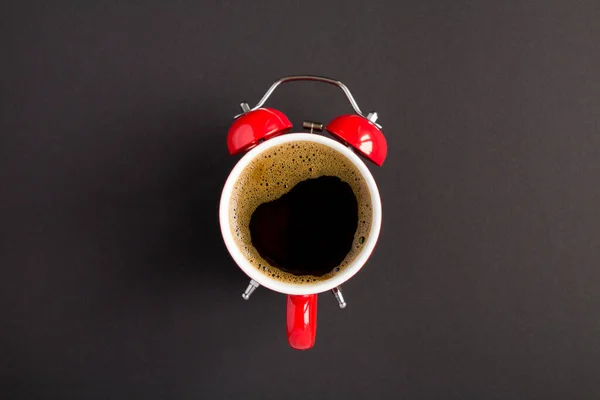 Top View Coffee Dial Red Alarm Clock Center Dark Background — Stock Photo, Image