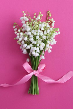 Pembe arka planda pembe kurdeleli vadi zambakları.