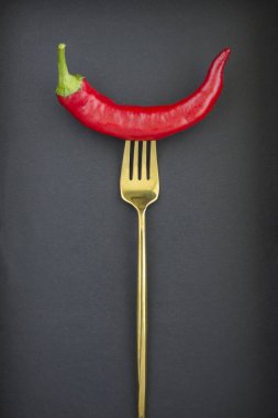 One chili  impaled on a gold fork on the black  background