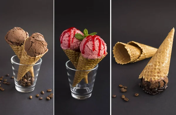 Collage Strawberry Chocolate Ice Cream Waffle Cone Black Background — Stock Photo, Image