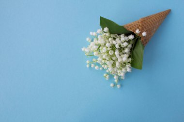 Mavi arka planda vadi zambaklı dondurma külahı. Güzel manzara. Boşluğu kopyala. Çiçek konsepti..