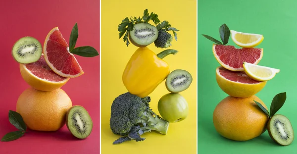 Collage Pirámide Verduras Frutas Equilibrio Sobre Fondo Color —  Fotos de Stock