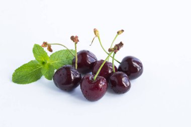 Beyaz arka plandaki vişneye yakın plan. Boşluğu kopyala.