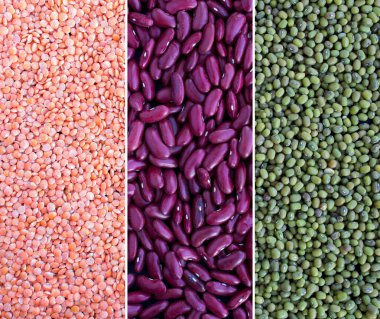 Mercimek, fasulye ve mung kolajı. Yakın plan. Üst görünüm.