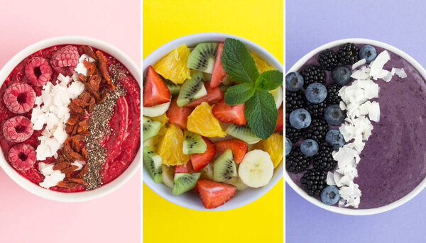 Collage of healthy food. Smoothie bowls with fruit and fruit salad on the colored background. Top view.
