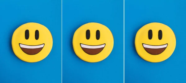 Colagem Smiley Forma Pão Gengibre Fundo Azul Close — Fotografia de Stock