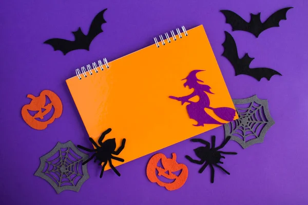 Composition Pour Halloween Avec Carnet Orange Sorcière Décorative Araignées Citrouilles — Photo