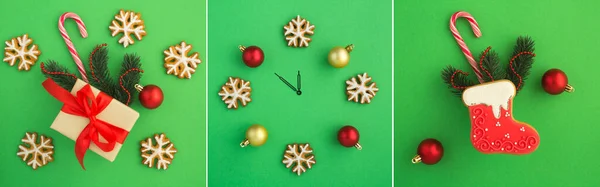 Christmas Collage Gift Box Gingerbread Clock Face Green Background Top — Stock Photo, Image