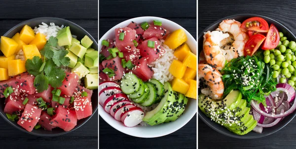 Collage Van Poke Salade Met Tonijn Garnalen Kom Zwarte Houten — Stockfoto