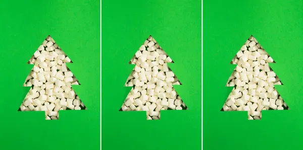 Collage Natale Albero Natale Tagliato Sullo Sfondo Verde Pieno Marshmallow — Foto Stock