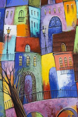 Akrilik bir tablonun parçası. Geceleri çok renkli evler. Soyut renkli arka plan..